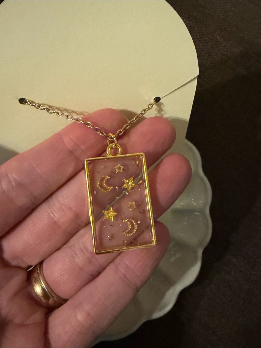 Gold Celestial Rectangle Pendant Resin Necklace